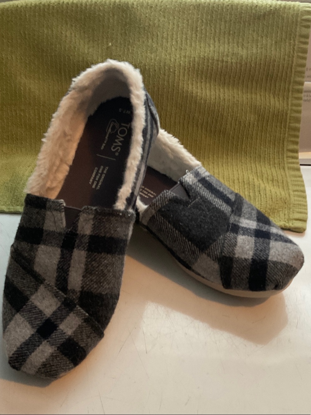 Toms Black & Gray Plaid Faux Fur Lined Slip-Ons